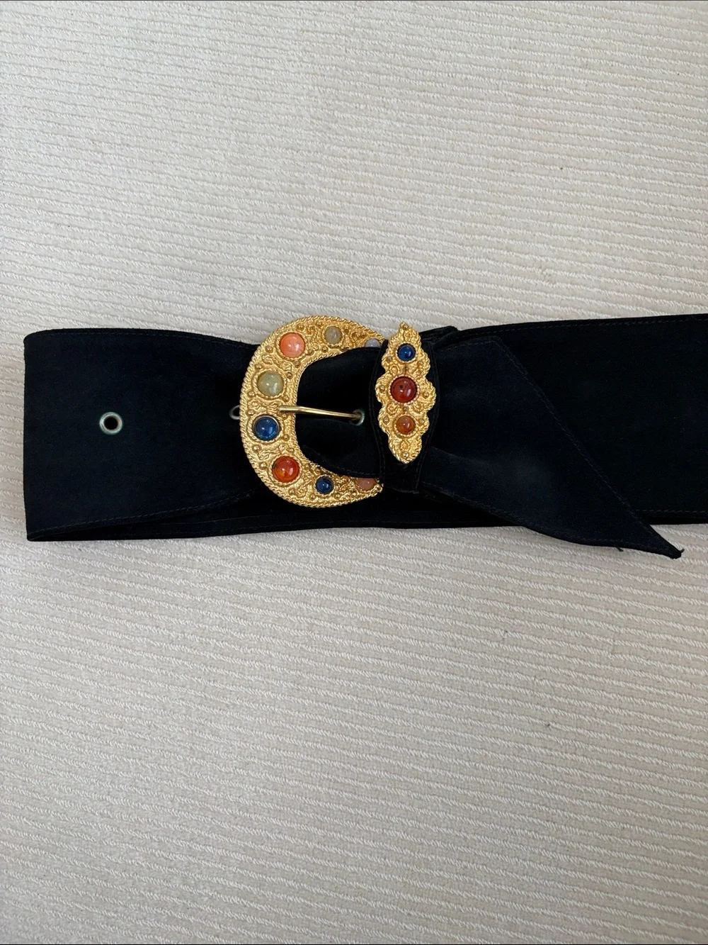 Black Suede Leather Belt with Gold Gem-Studded Buckle